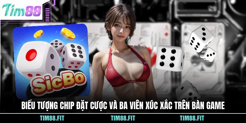 Biểu tượng chip đặt cược và ba viên xúc xắc trên bàn game